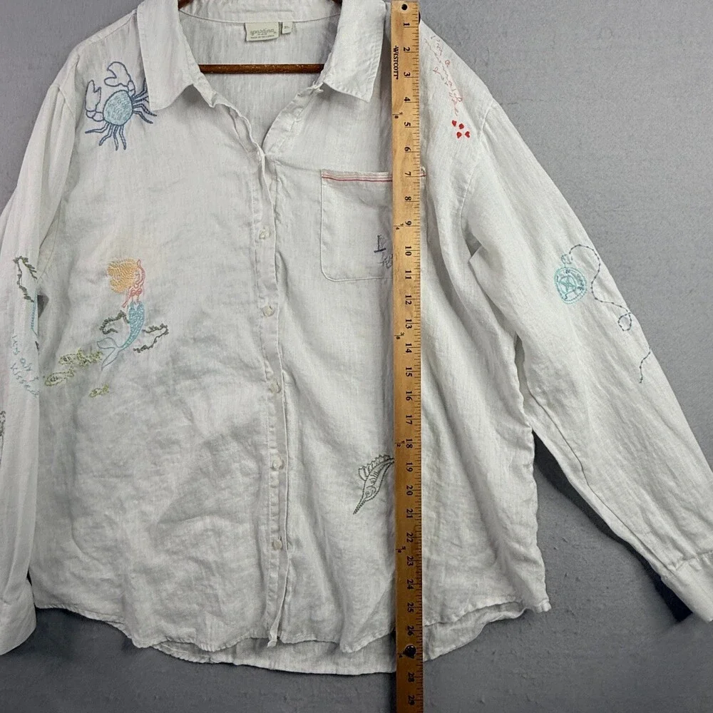 Spartina 449 Shirt Womens XL White Linen Embroidered Mermaid Coastal Button Up - Picture 7 of 14